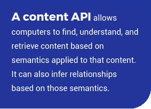 A content API allows computers to find, understand, and retrieve content based on semantics applied to that content. It can also infer relationships based on those semantics.