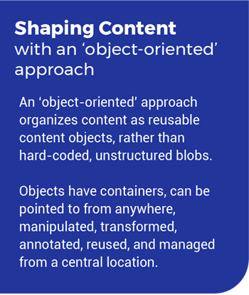 Shaping Content with an ‘object-oriented’ approach  An ‘object-oriented’ approach organizes content as reusable content objects, rather than hard-coded, unstructured blobs.   Objects have containers, can be pointed to from anywhere, manipulated, transformed, annotated, reused, and managed from a central location.
